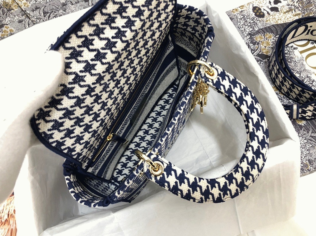 D10r Lady D-Lite Medium Bag Replica in Black   White Houndstooth Embroidery