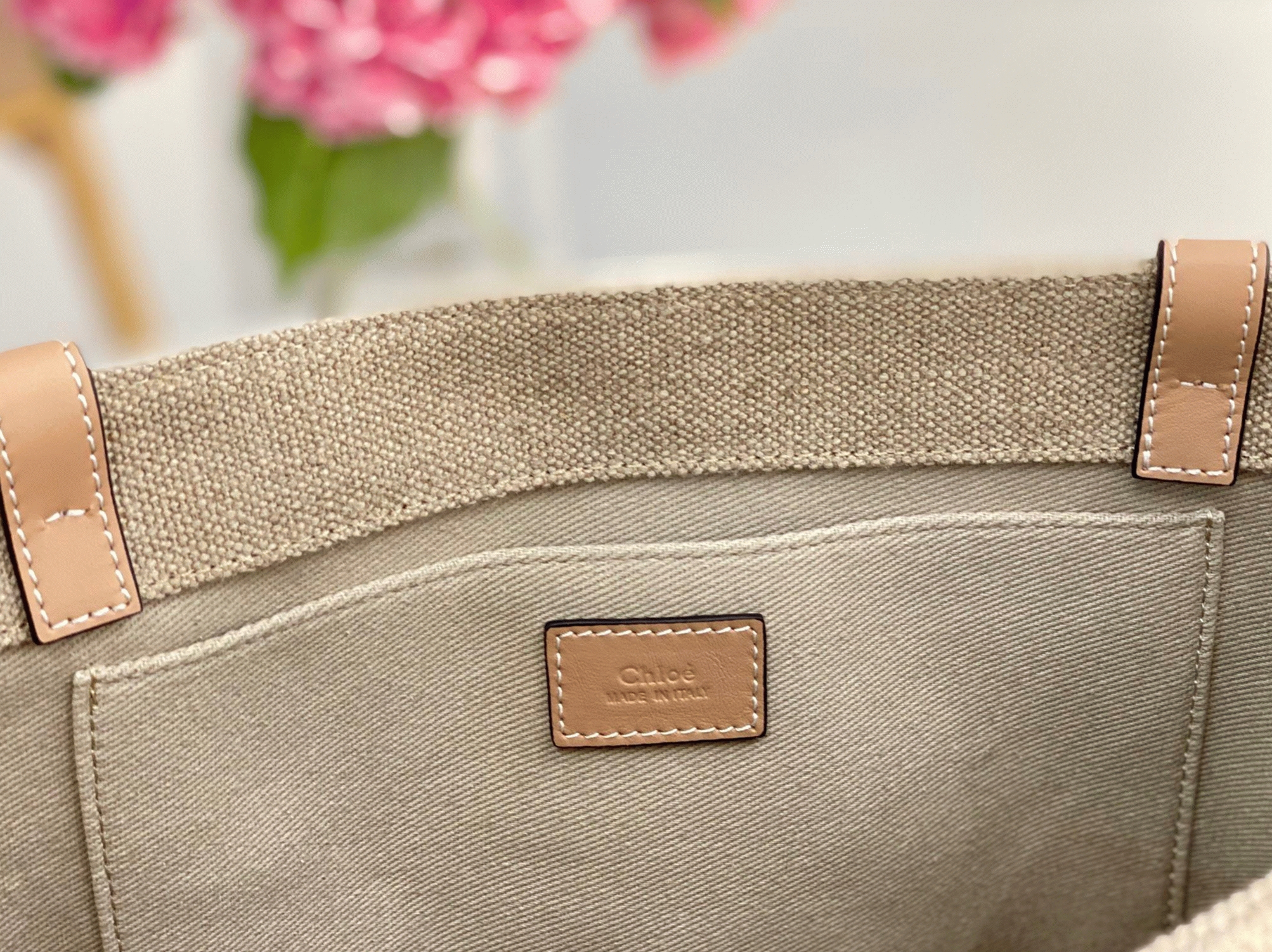 top quality fake Ch10e woody medium tote bag in linen canvas with beige leather