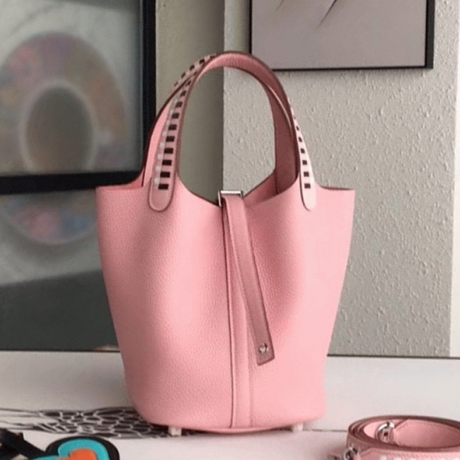 Pink replica H**me5 Picotin Lock 22cm handbag with braided handles