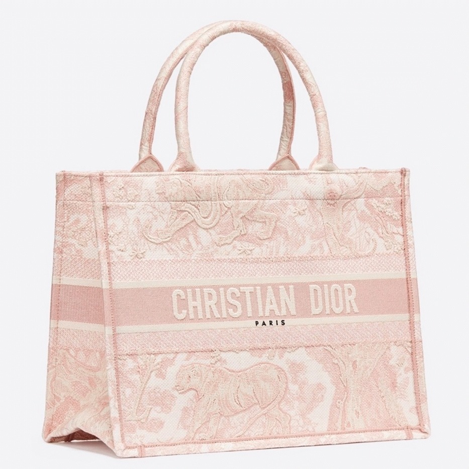 D10r Medium Book Tote Bag Replica in Pink Toile De Jouy Embroidery