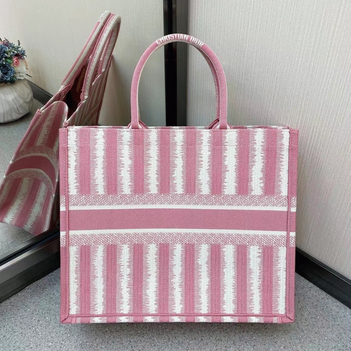 D10r Large Book Tote Bag Replica in Pink Stripes Embroidery