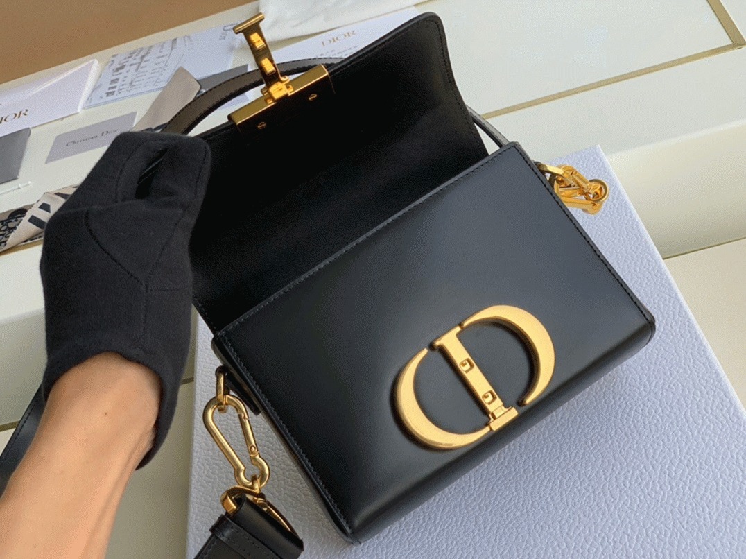 D10r 30 Montaigne Box Bag Replica in Black Box Calfskin