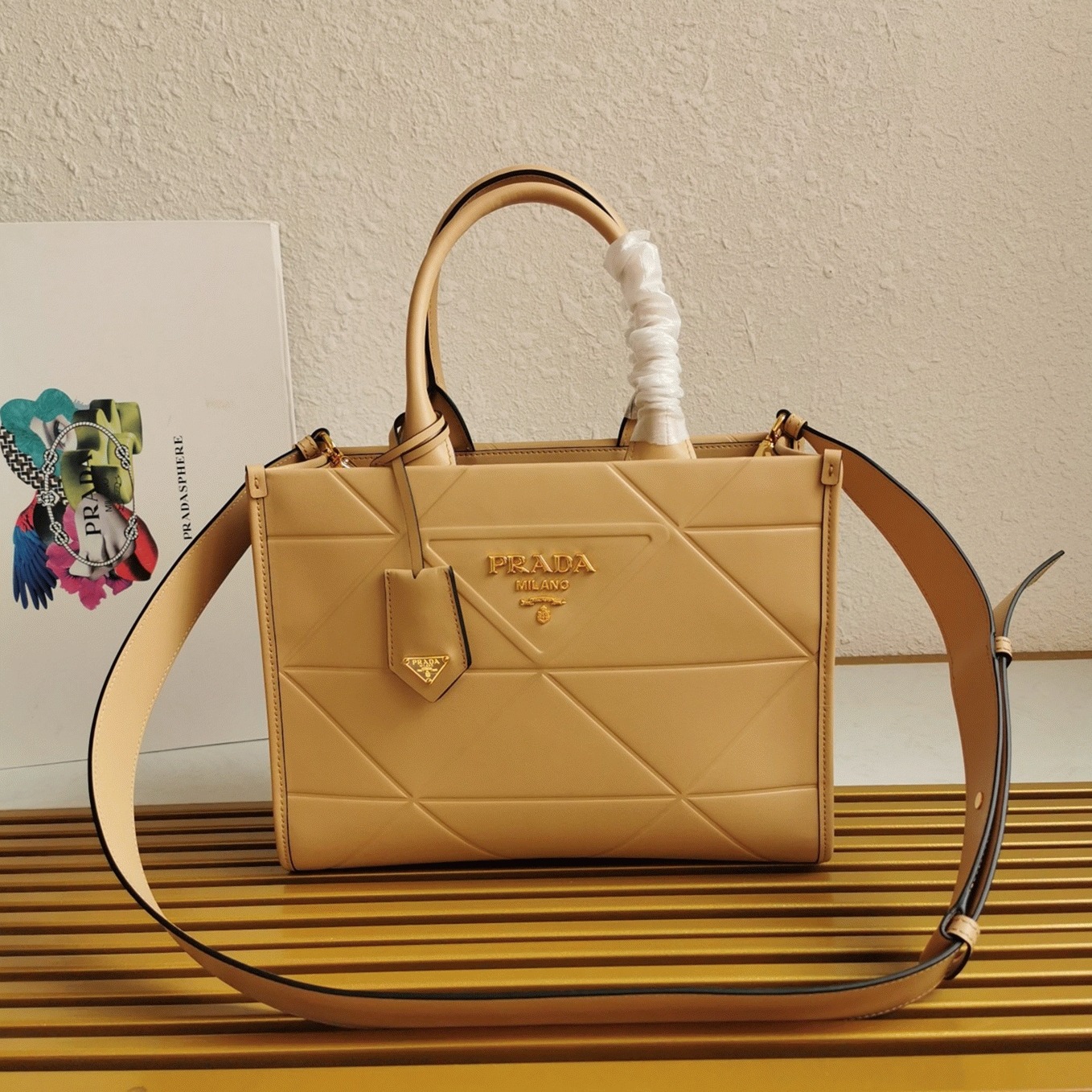 Pra*a Symbole Small Bag Imitation with Topstitching in Beige