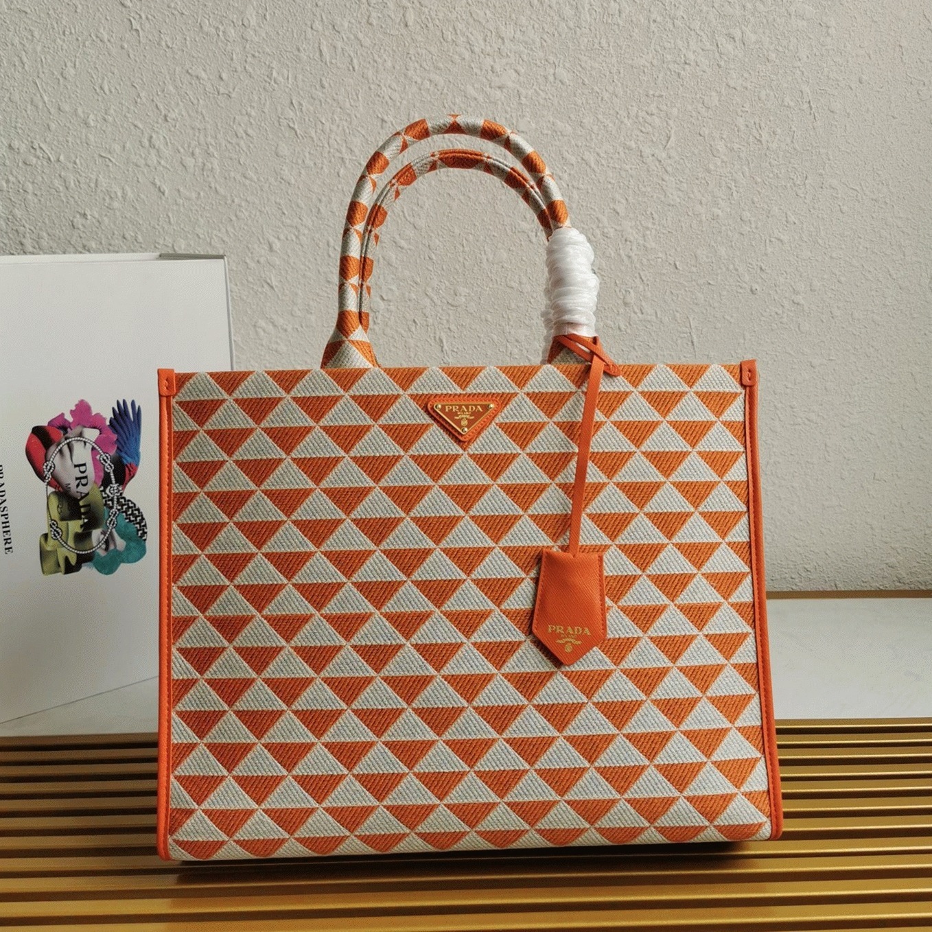 Pra*a Symbole Large Bag Imitation in Orange/White Jacquard Fabric