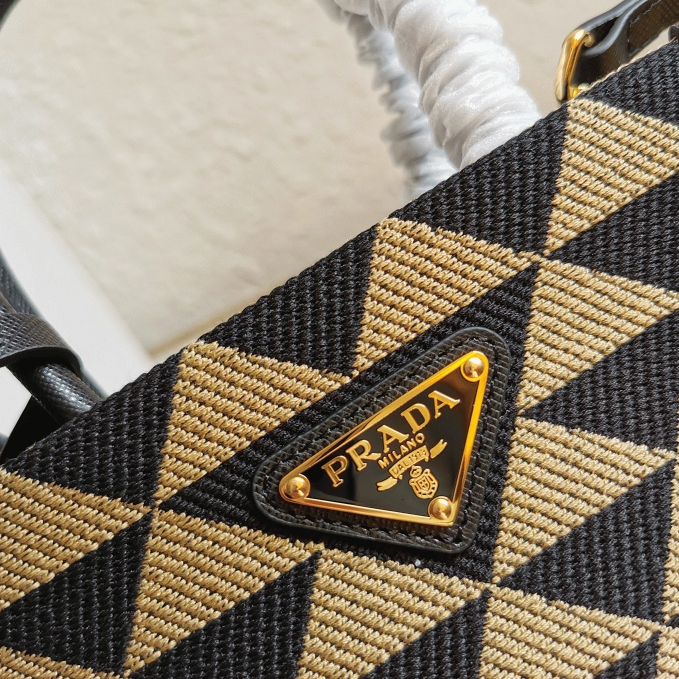 Pra*a Symbole Micro Bag Fake in Black/Beige Jacquard Fabric