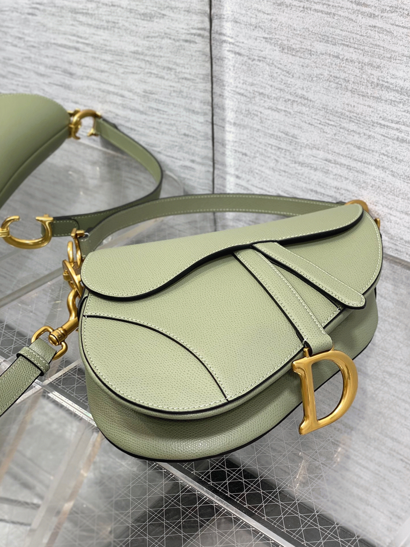 D10r Saddle Bag with Strap Imitation in Ethereal Green Grained Calfskin