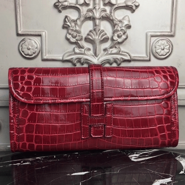 Top luxury dark red crocodile leather replica H**me5 Jige Elan clutch bag