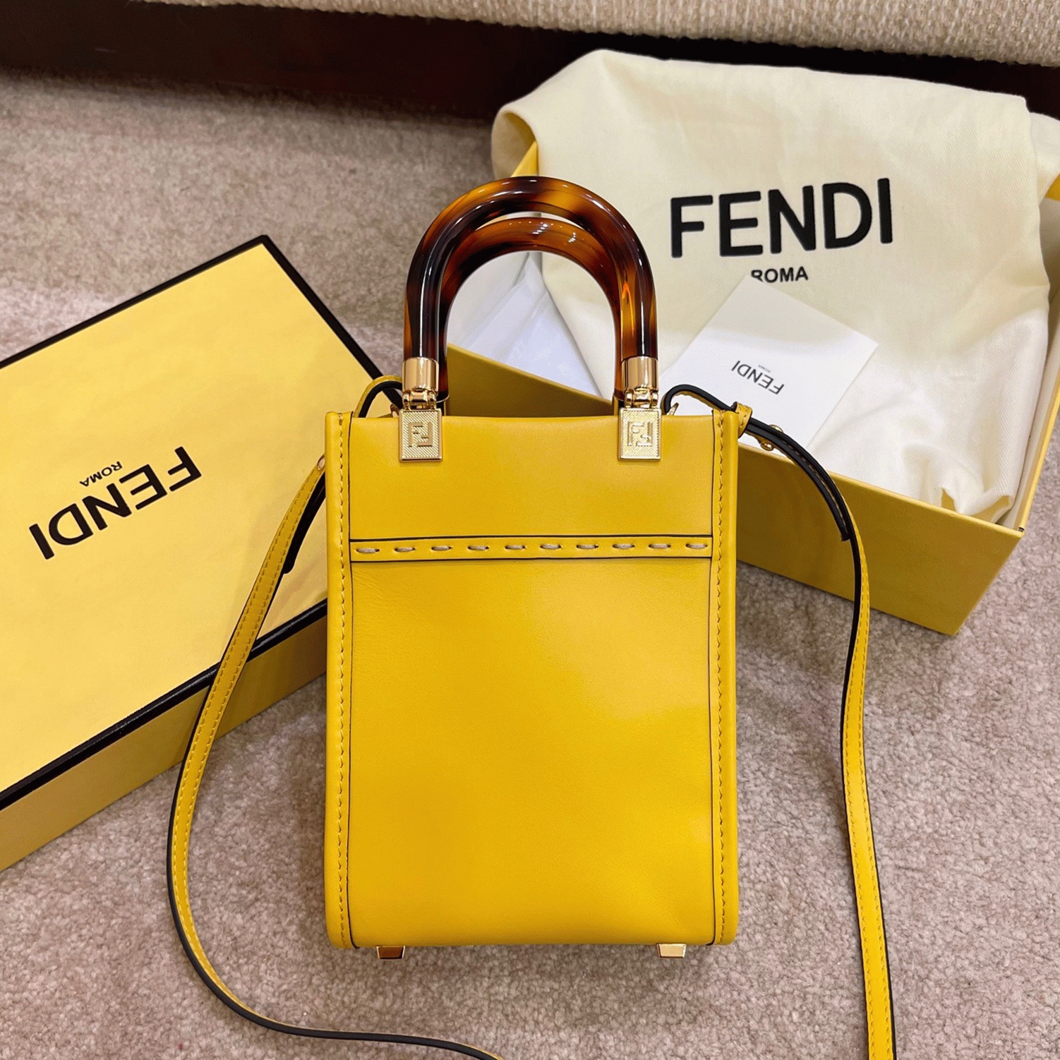 Top Quality Fake F**di Mini Sunshine Shopper Bag In Yellow Leather