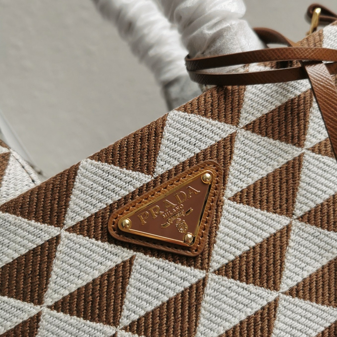 Pra*a Symbole Small Bag Knockoff in White/Brown Jacquard Fabric