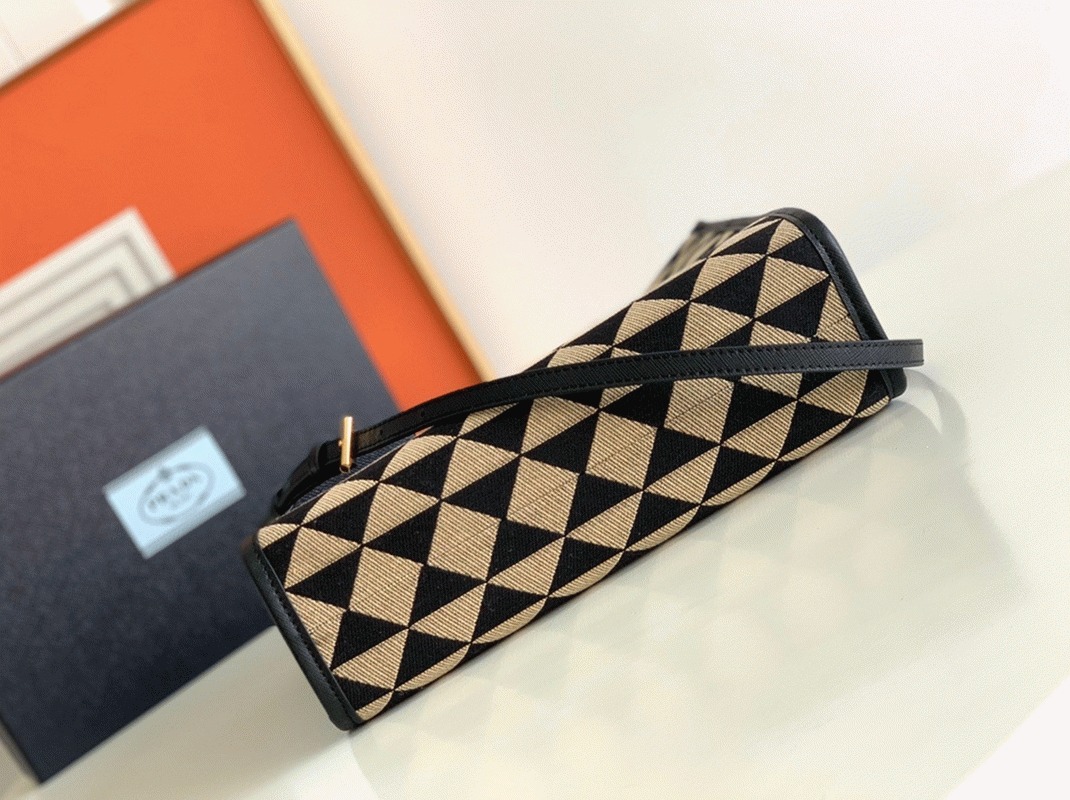 Pra*a Symbole Small Bag Replica in Black/Beige Jacquard Fabric