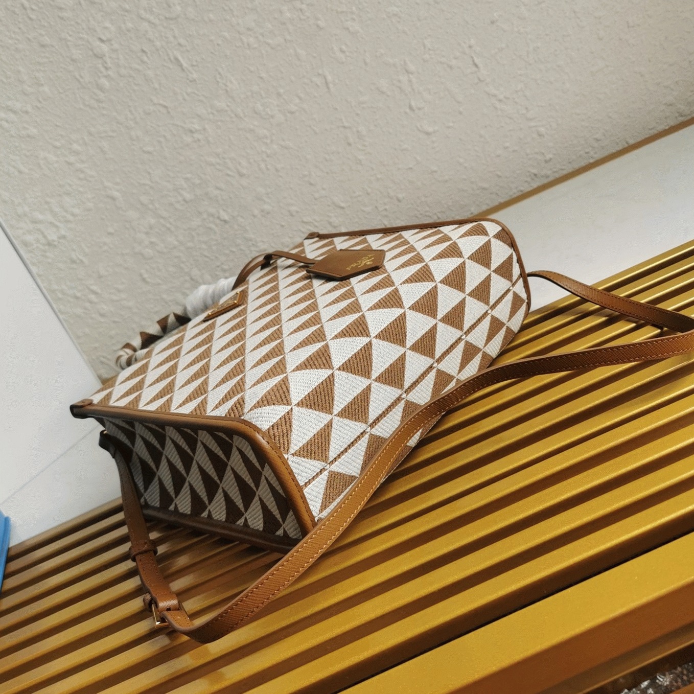Pra*a Symbole Large Bag Replica in White/Brown Jacquard Fabric