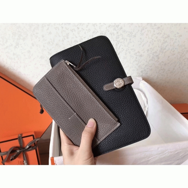 Black taupe knockoff H**me5 Dogon duo wallet