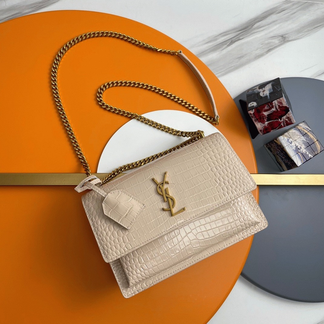 Fake Sa1nt Lau*nt Sunset Medium Chain Bag Beige Crocodile-embossed Leather