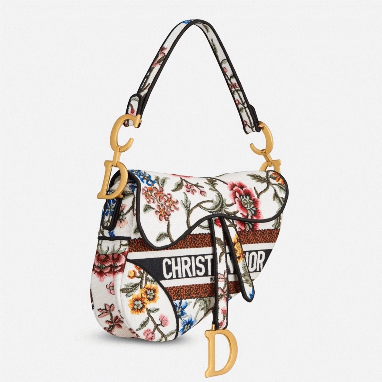D10r Saddle Bag Fake in White Multicolor D10r Petites Fleurs Embroidery