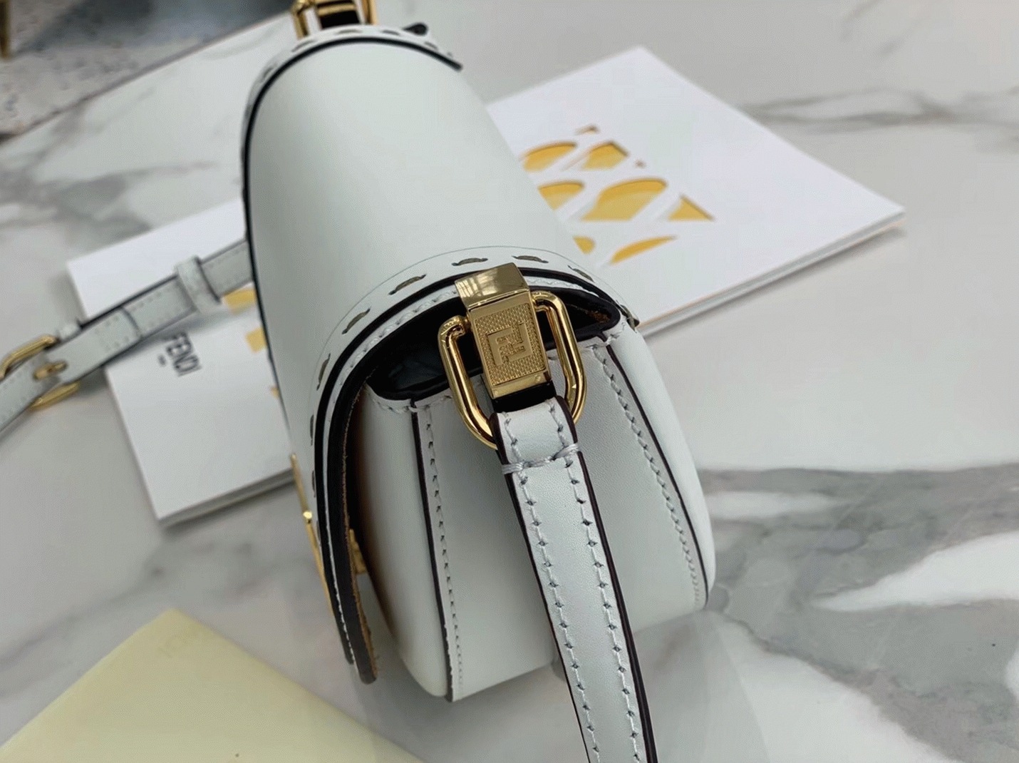 Top Quality Faux F**di Moonlight Saddle Bag In White Calfskin