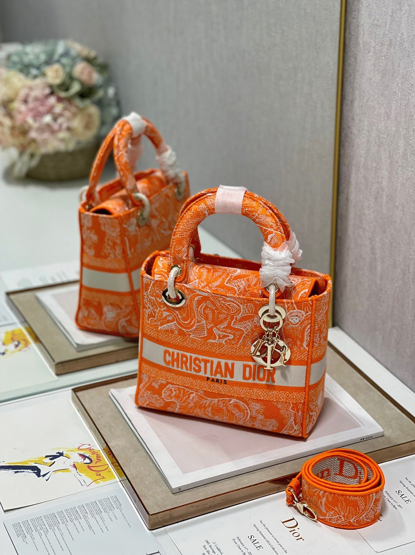 D10r Lady D-Lite Medium Bag Fake in Fluorescent Orange Toile de Jouy Reverse Embroidery