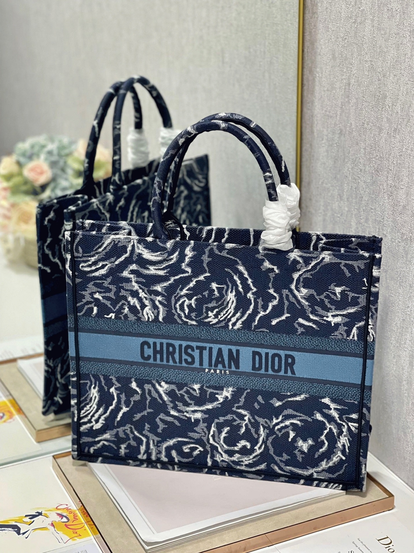 D10r Large Book Tote Bag Replica in Blue D10r Roses Embroidery