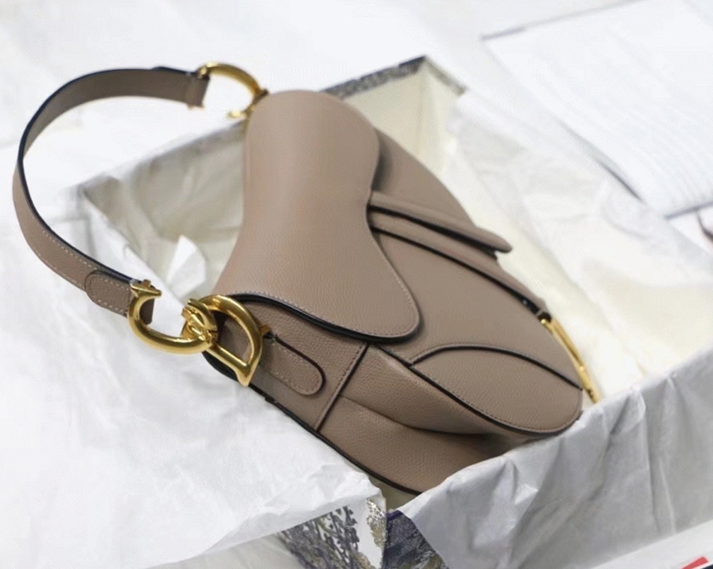 D10r Saddle Bag Fake in Warm Taupe Grained Calfskin
