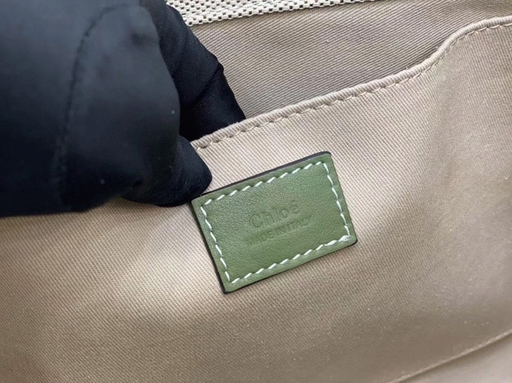top quality fake Ch10e medium woody tote bag in canvas with green leather strips