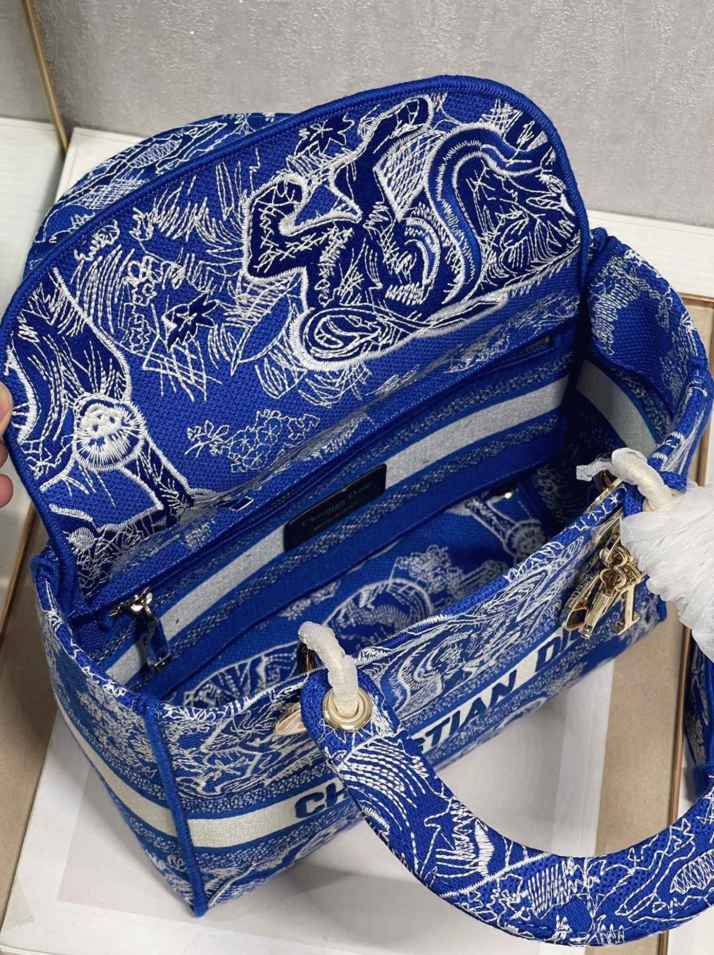 D10r Lady D-Lite Medium Bag Fake in Fluorescent Blue Toile de Jouy Reverse Embroidery
