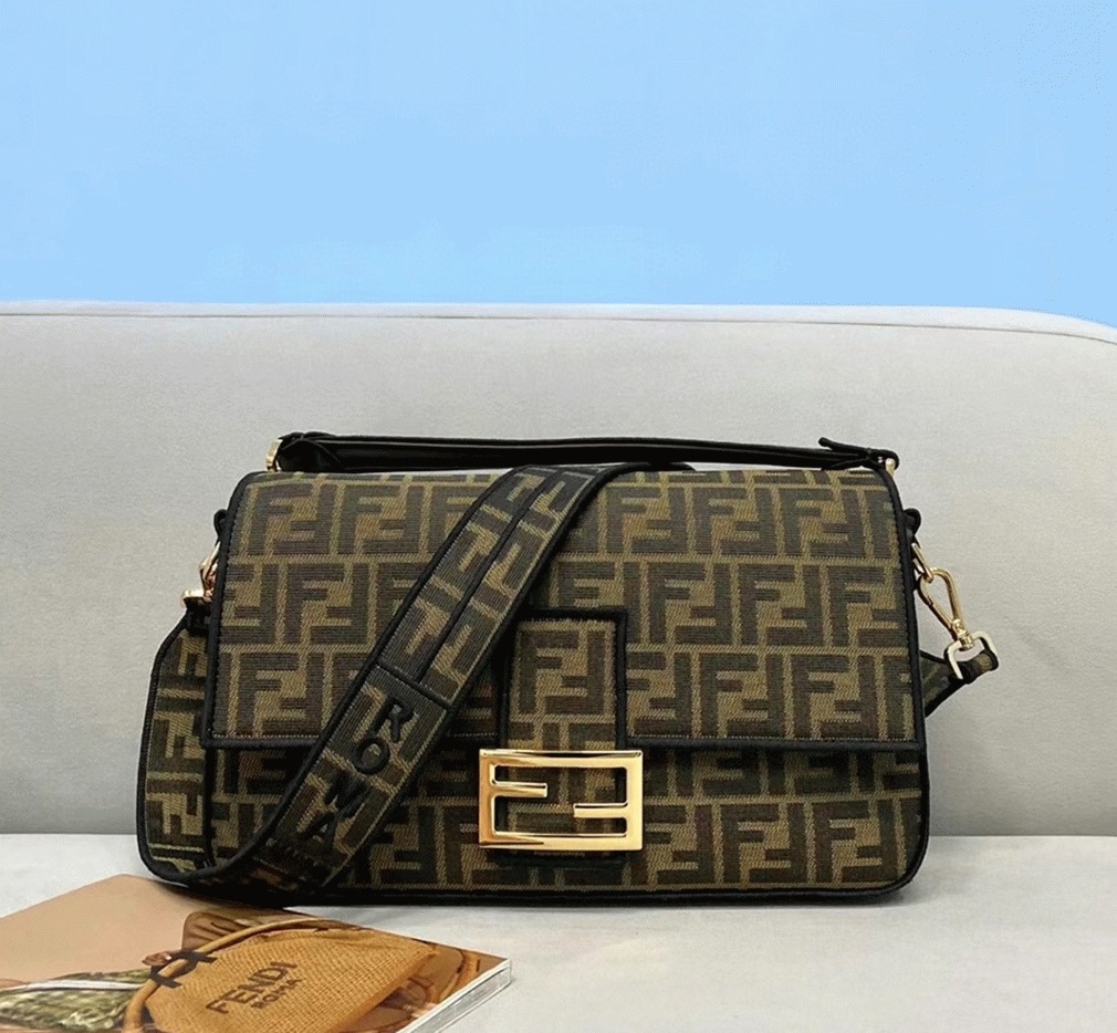 Top Quality Fake F**di Large Baguette Bag In Brown FF Jacquard Fabric
