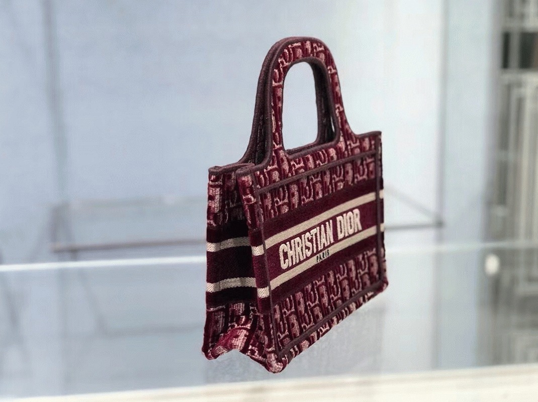 D10r Mini Book Tote Bag Replica in Bordeaux Velvet Oblique Embroidered