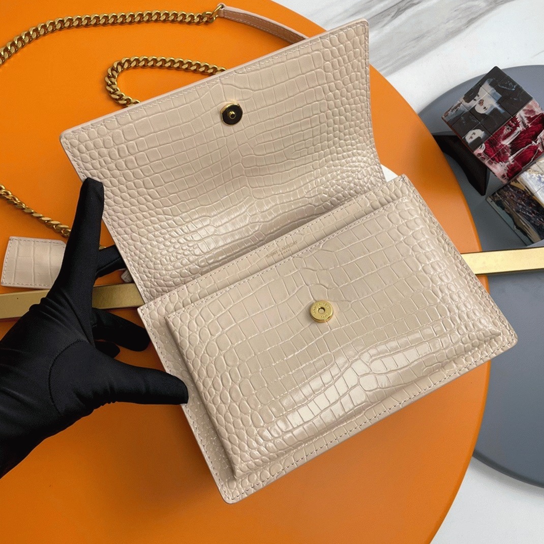 Fake Sa1nt Lau*nt Sunset Medium Chain Bag Beige Crocodile-embossed Leather