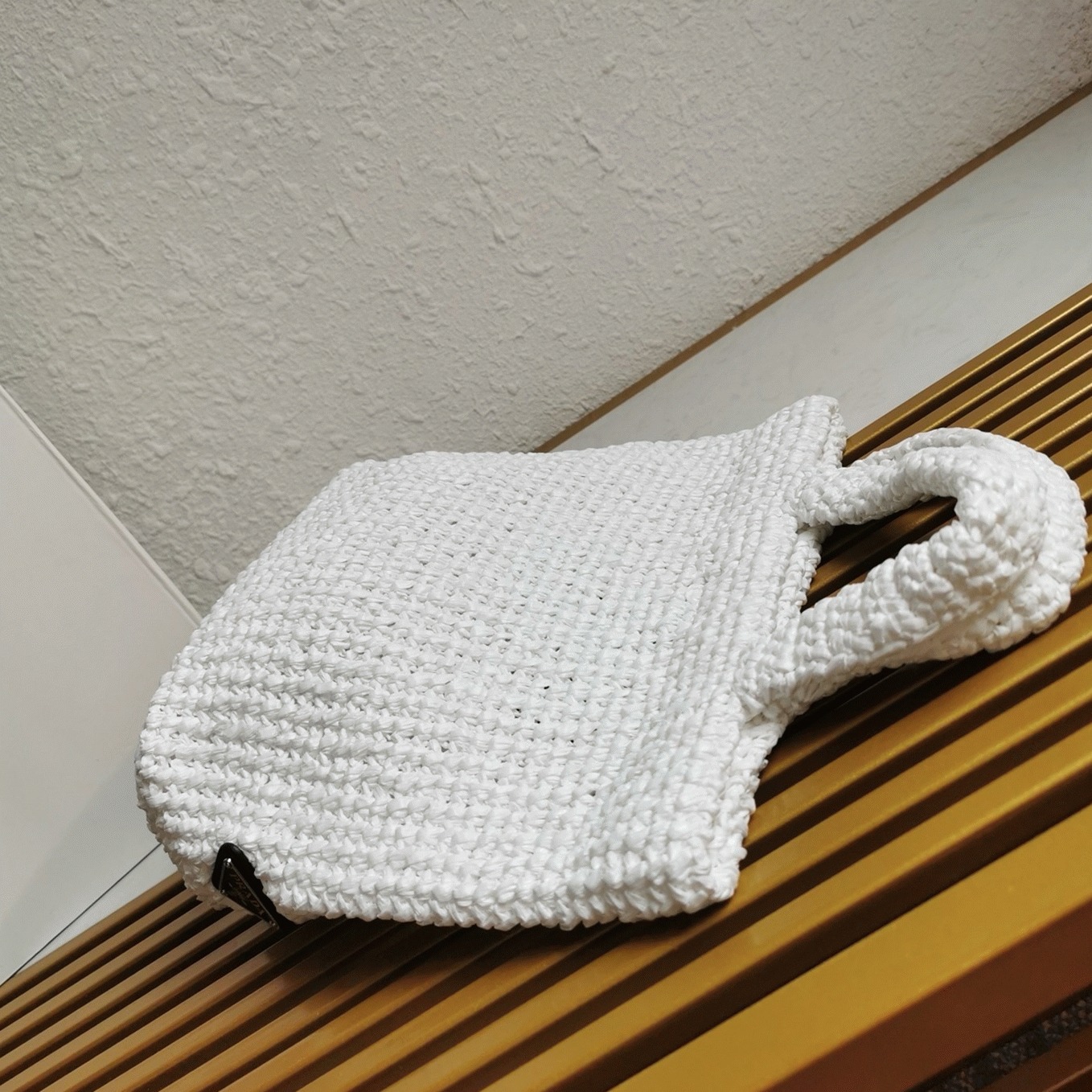Pra*a Small Crochet Tote Bag Fake in White Raffia-effect Yarn