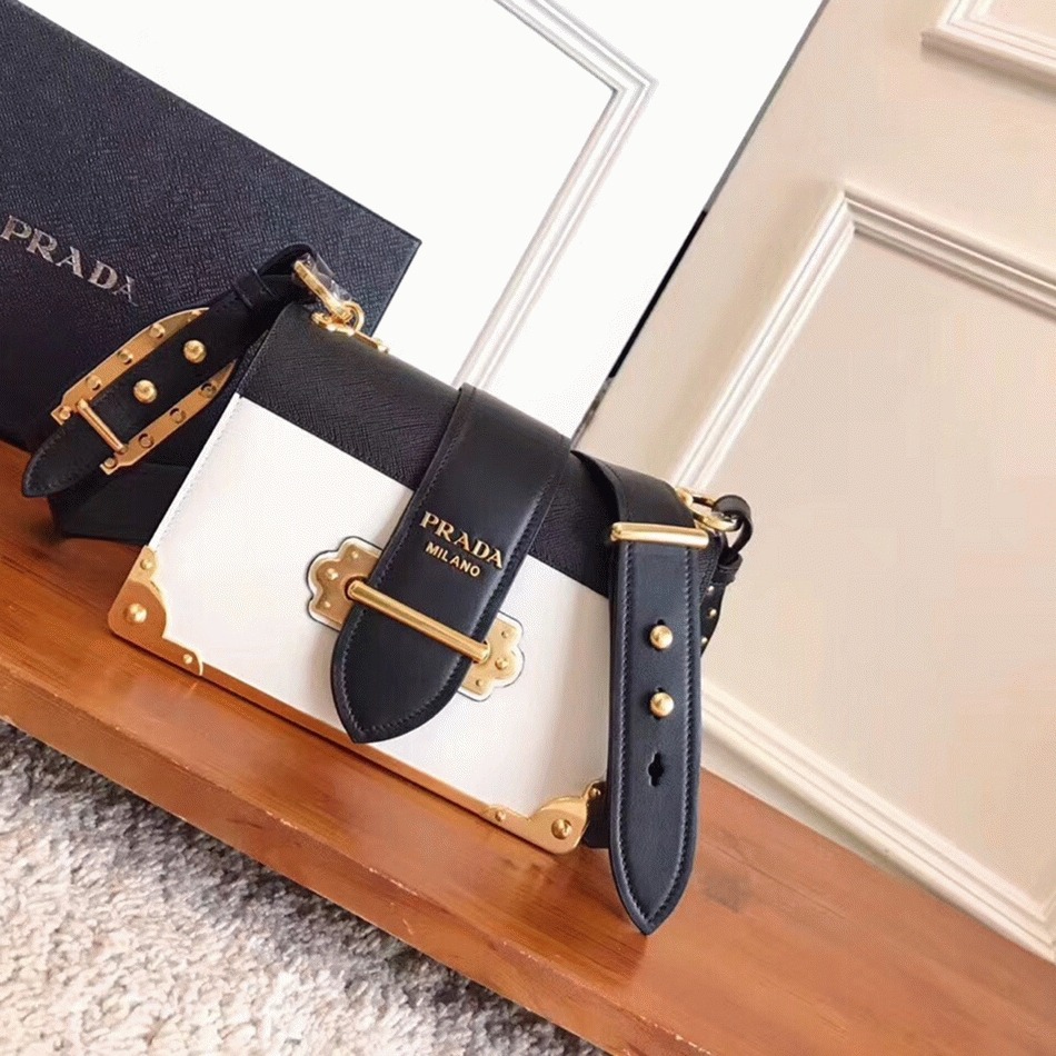 White/Black Pra*a Cahier Shoulder Bag Knockoff