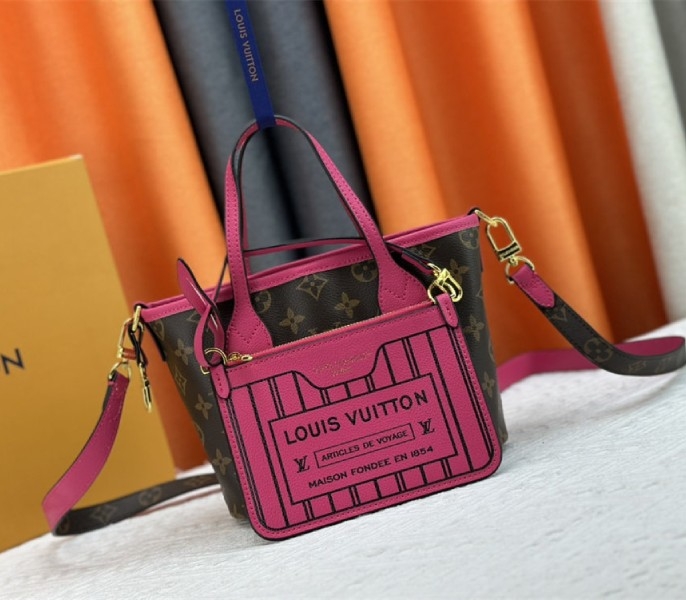 L0vis Vvtt0n Neverfull Bandouliere Inside Out BB Tote In Monogram Canvas And Rose Pondichery Leather