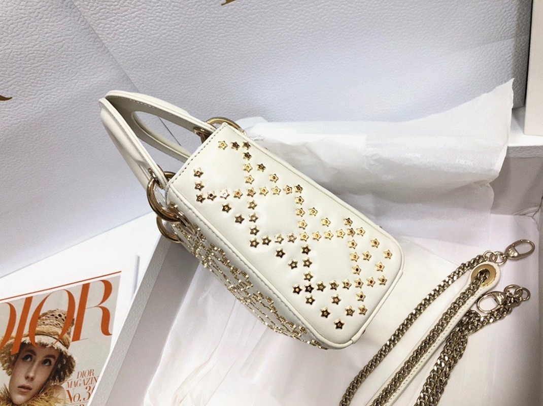D10r Lady D10r Mini Chain Bag in White Lambskin with Star Embroidery