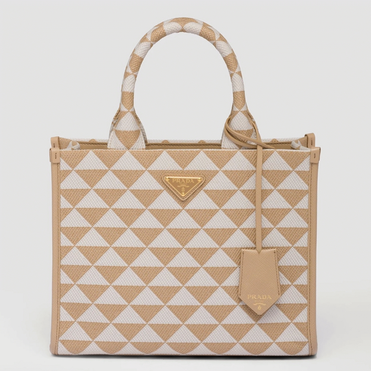 Pra*a Symbole Large Bag Knockoff in Beige/White Jacquard Fabric