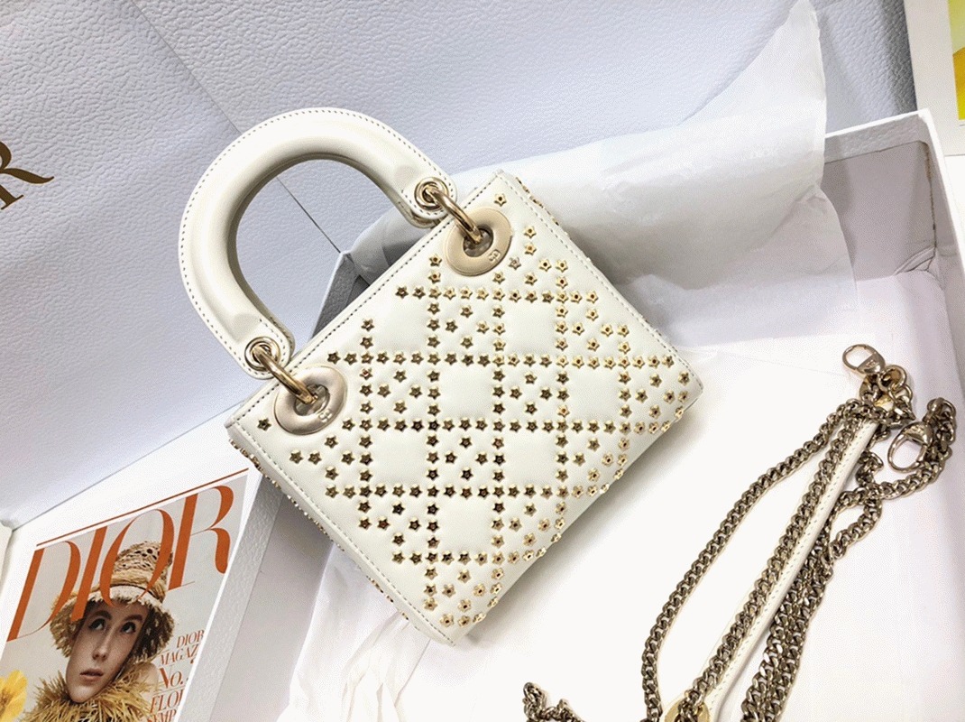 D10r Lady D10r Mini Chain Bag in White Lambskin with Star Embroidery