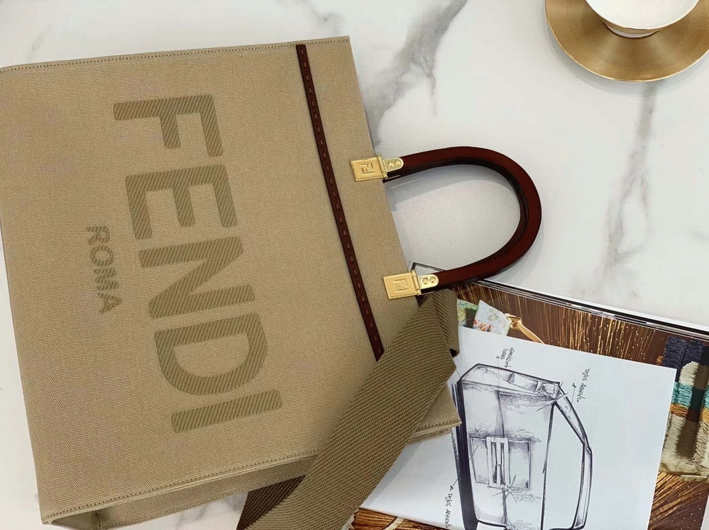 Top Quality Fake F**di Sunshine Medium Tote Bag In Beige Canvas