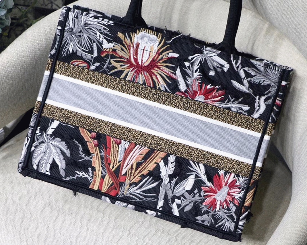 D10r Medium Book Tote Replica in Black Camouflage with Multicolored