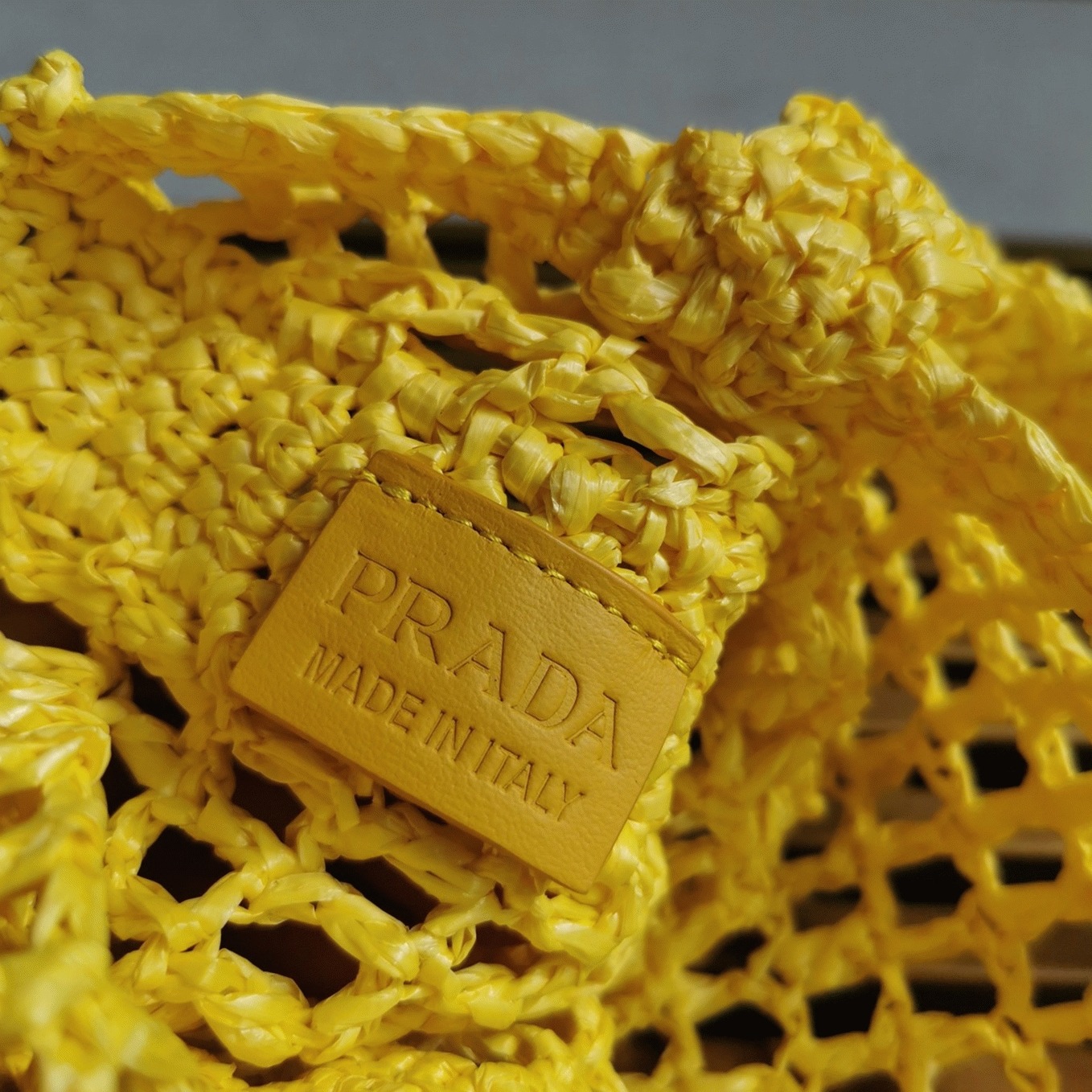 Pra*a Small Tote Bag Replica in Yellow Woven Raffia