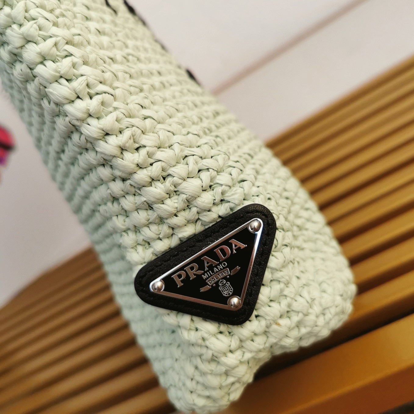 Pra*a Small Crochet Tote Bag Replica in Aqua Raffia-effect Yarn