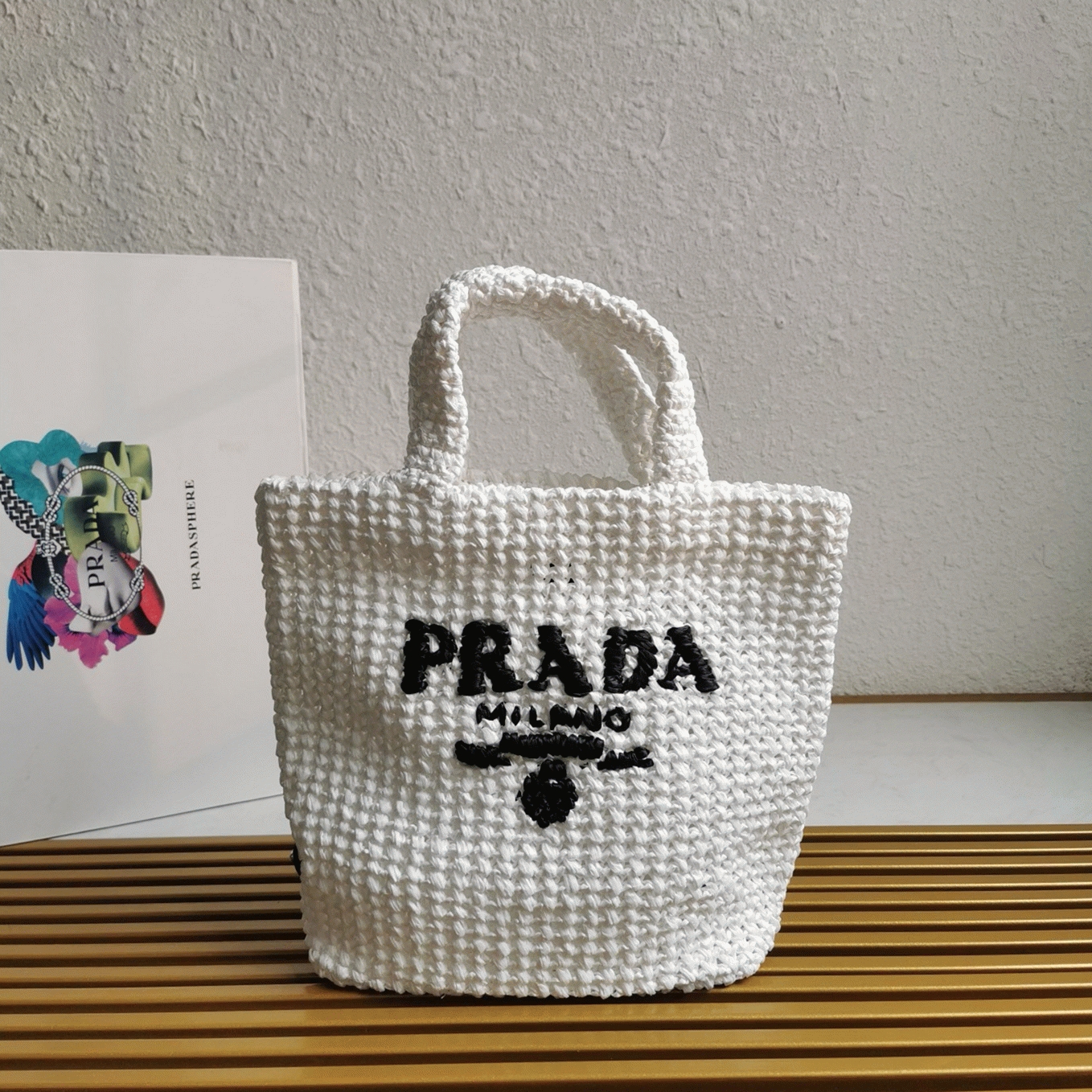 Pra*a Small Crochet Tote Bag Fake in White Raffia-effect Yarn