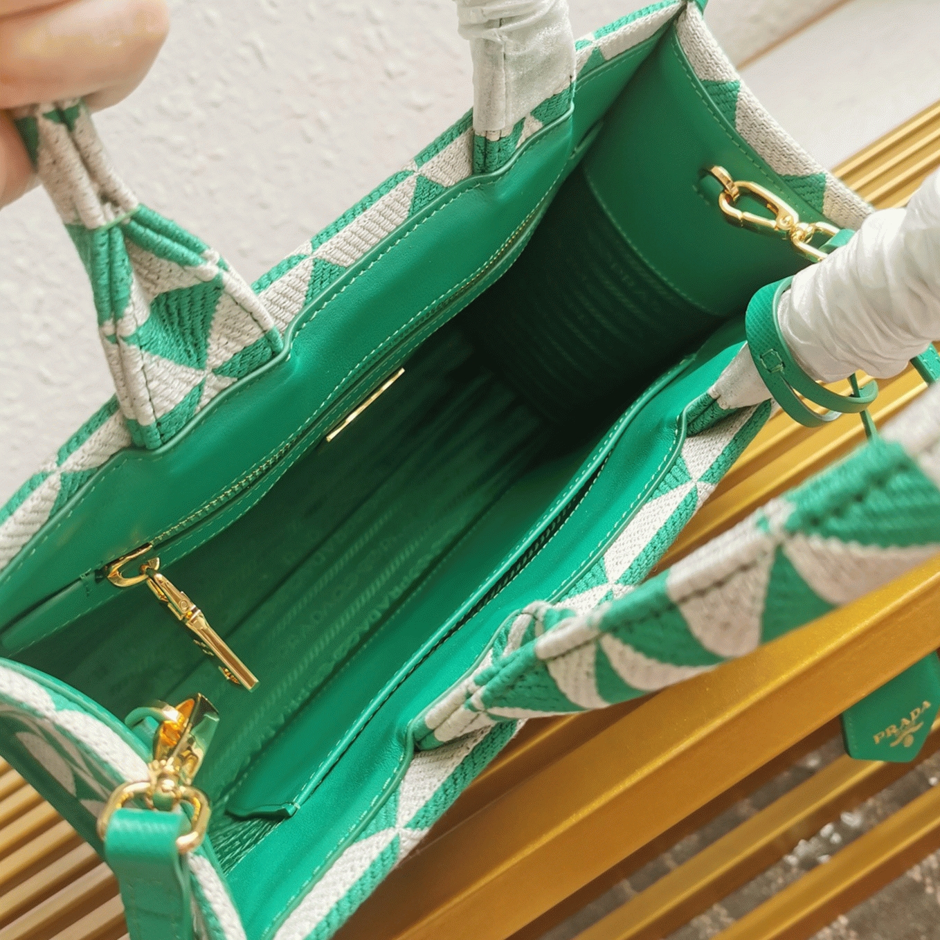 Pra*a Symbole Small Bag Replica in Green/White Jacquard Fabric