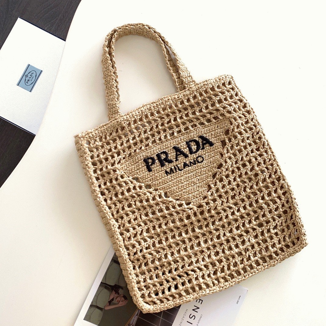 Pra*a Small Tote Bag Fake in Beige Woven Raffia