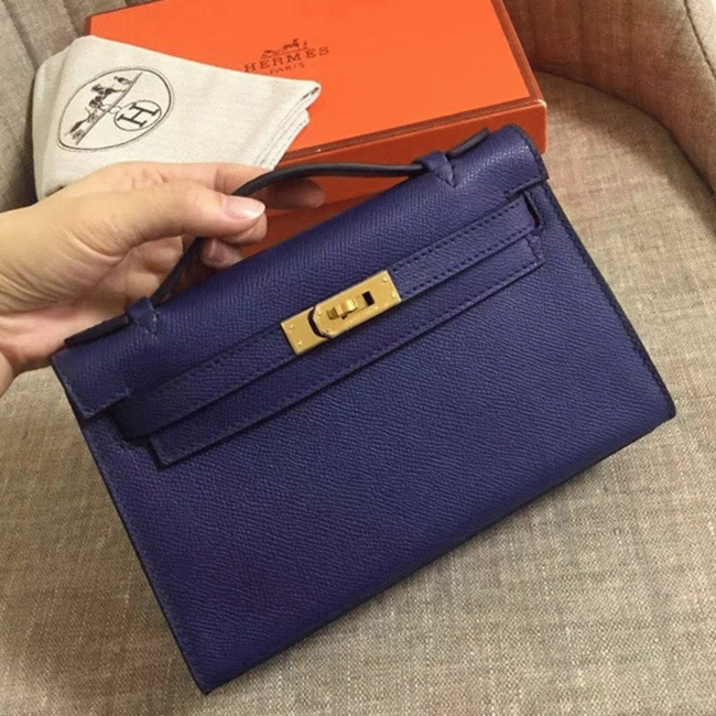 Sapphire Epsom Top Fake H**me5 Kelly Pochette Deep Blue Clutch