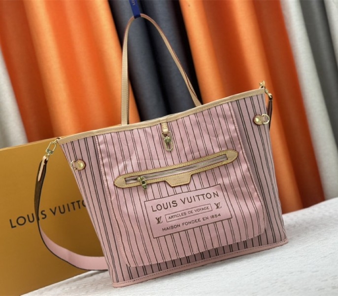 L0vis Vvtt0n Neverfull Bandouliere Inside Out MM Tote In Monogram Canvas And Peony Pink Textile