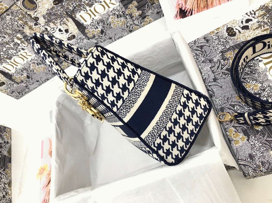 D10r Lady D-Lite Medium Bag Replica in Black   White Houndstooth Embroidery