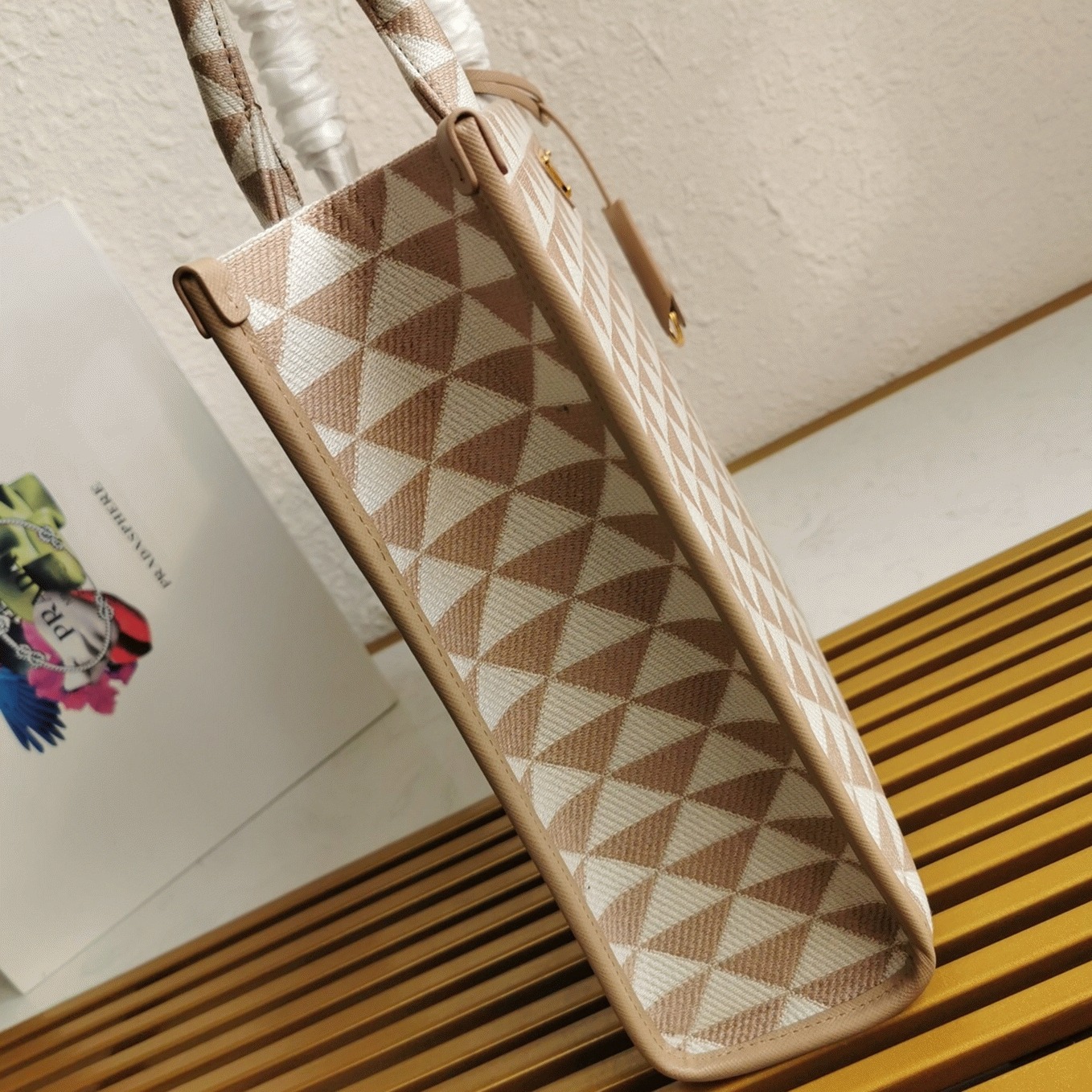 Pra*a Symbole Large Bag Knockoff in Beige/White Jacquard Fabric