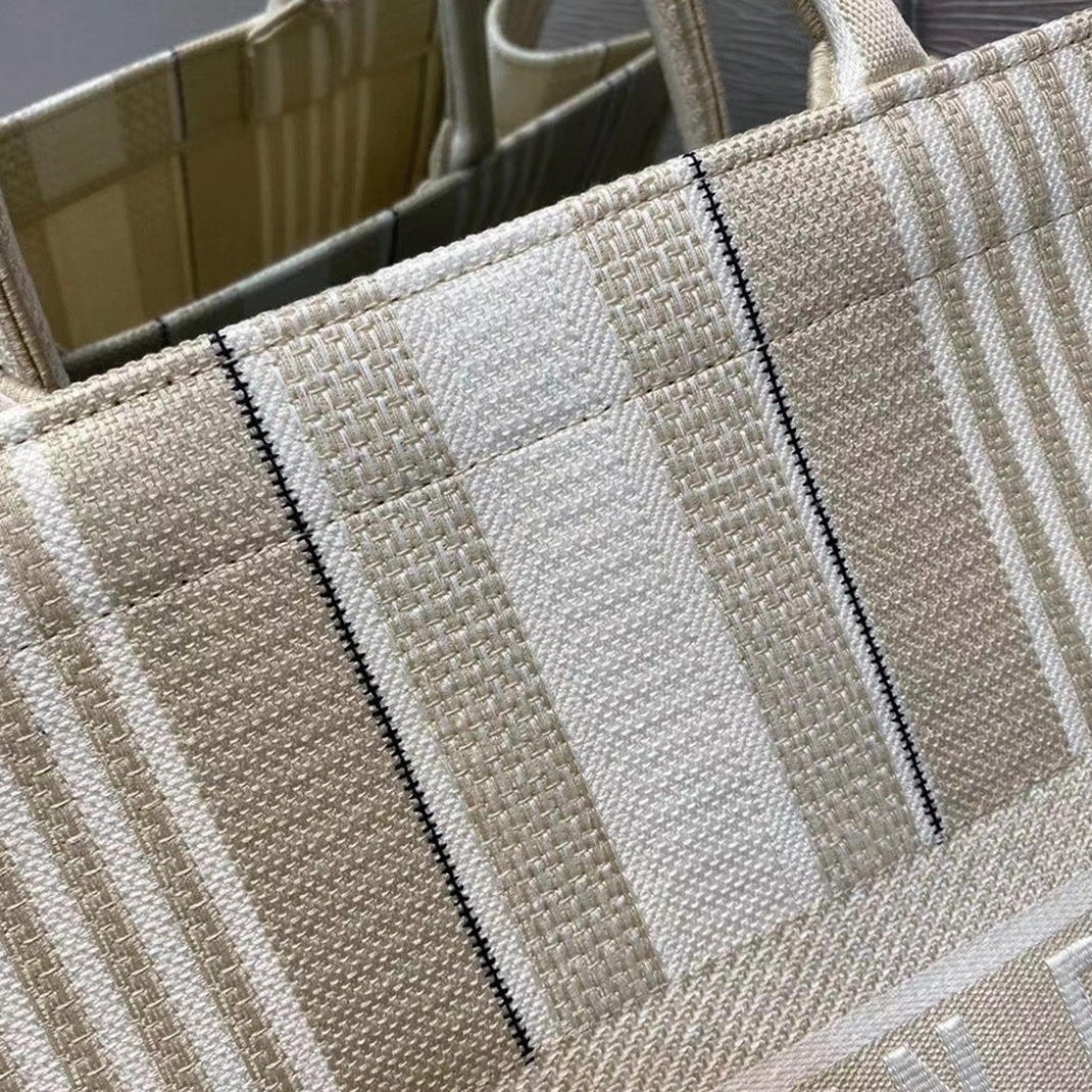 D10r Large Book Tote Bag Replica in Beige Stripes Embroidery