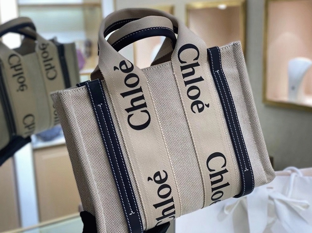 top quality fake Ch10e small woody tote bag in canvas with blue leather strips