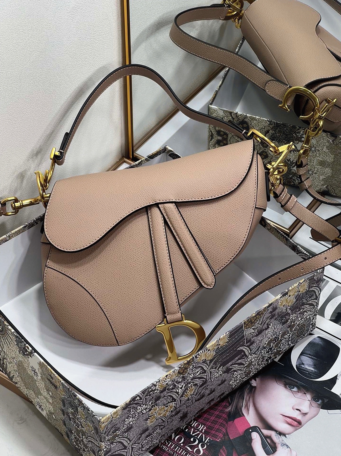 D10r Saddle Bag with Strap Faux in Warm Taupe Grained Calfskin