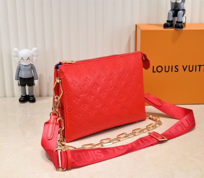 L0vis Vvtt0n Coussin PM Bag In Neon Red With Jacquard Strap