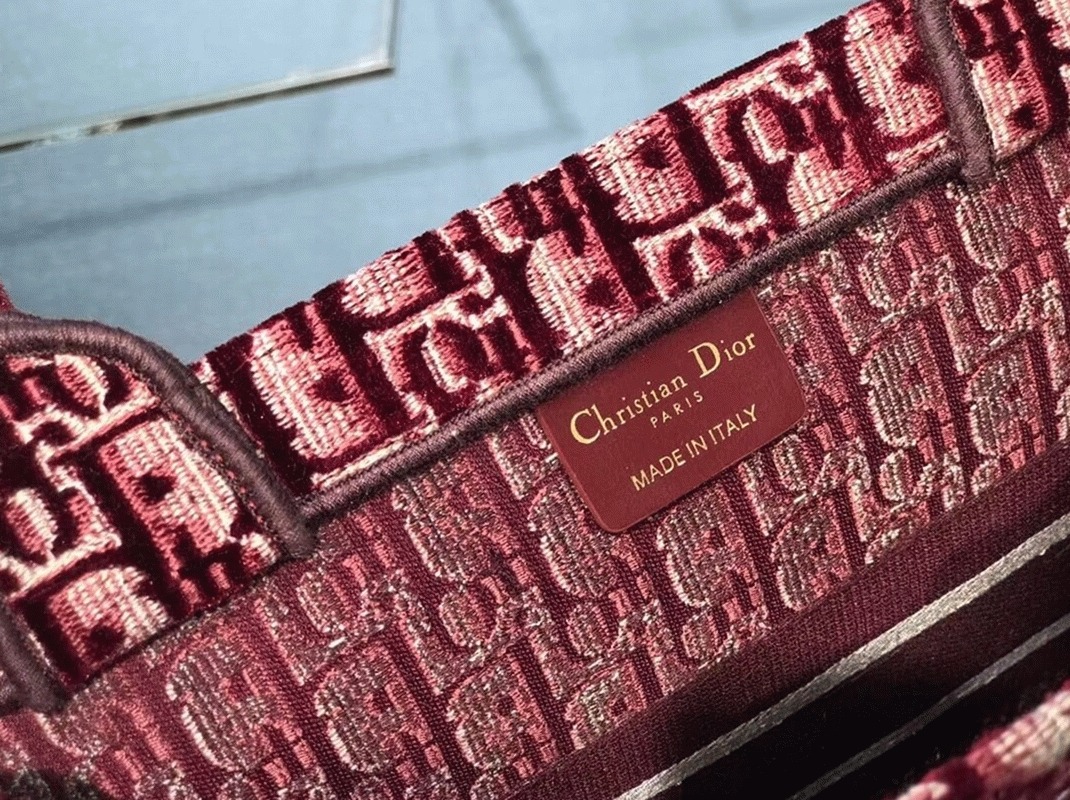 D10r Medium Book Tote Bag Replica in Bordeaux Velvet Oblique Embroidered
