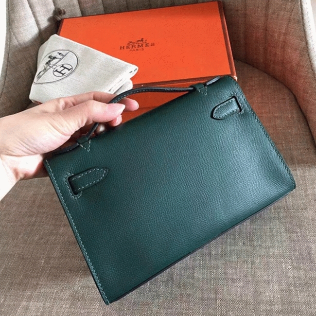 Malachite Epsom AAA Replica H**me5 Kelly Pochette Green Toned Purse
